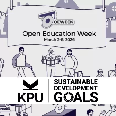 Illustrated banner for Open Education Week, March 2-6, 2026, with diverse people and text. Includes KPU and Sustainable Development Goals logos below.