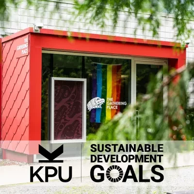 Image of KPU's Gathering Place, a red building and features a rainbow flag and Indigenous artwork on the window. Overlaid text reads "KPU Sustainable Development Goals." Lush greenery frames the image.