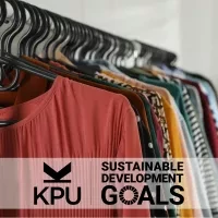 A row of colorful shirts on hangers, showcasing diverse patterns and styles. "KPU Sustainable Development Goals" text overlays the image.
