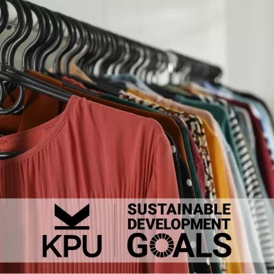 A row of colorful shirts on hangers, showcasing diverse patterns and styles. "KPU Sustainable Development Goals" text overlays the image.