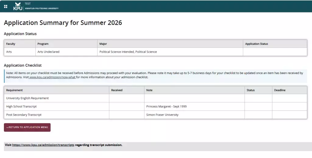 Application checklist