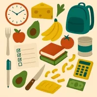 Nutrition Month 2026 Image - Different elements that represent nutrition such as apple, cheese, backpack, books, grocery list, etc
