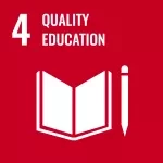Red background with a white book and pencil icon. "4 Quality Education" is written above, symbolizing the fourth Sustainable Development Goal.