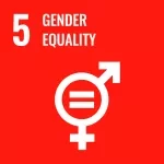 Red background with large white text reading “5 Gender Equality” and a combined male and female gender symbol containing an equals sign in the center, representing UN Sustainable Development Goal 5.