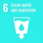 Teal background with large white text reading “6 Clean Water and Sanitation” and a white icon of a cup with water and a raindrop, representing UN Sustainable Development Goal 6.