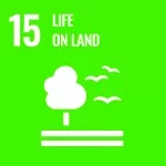 Green background with white text stating " 15 Life on Land" referring to Sustainable Development Goal number 15. A tree icon and three bird icons are below the text.