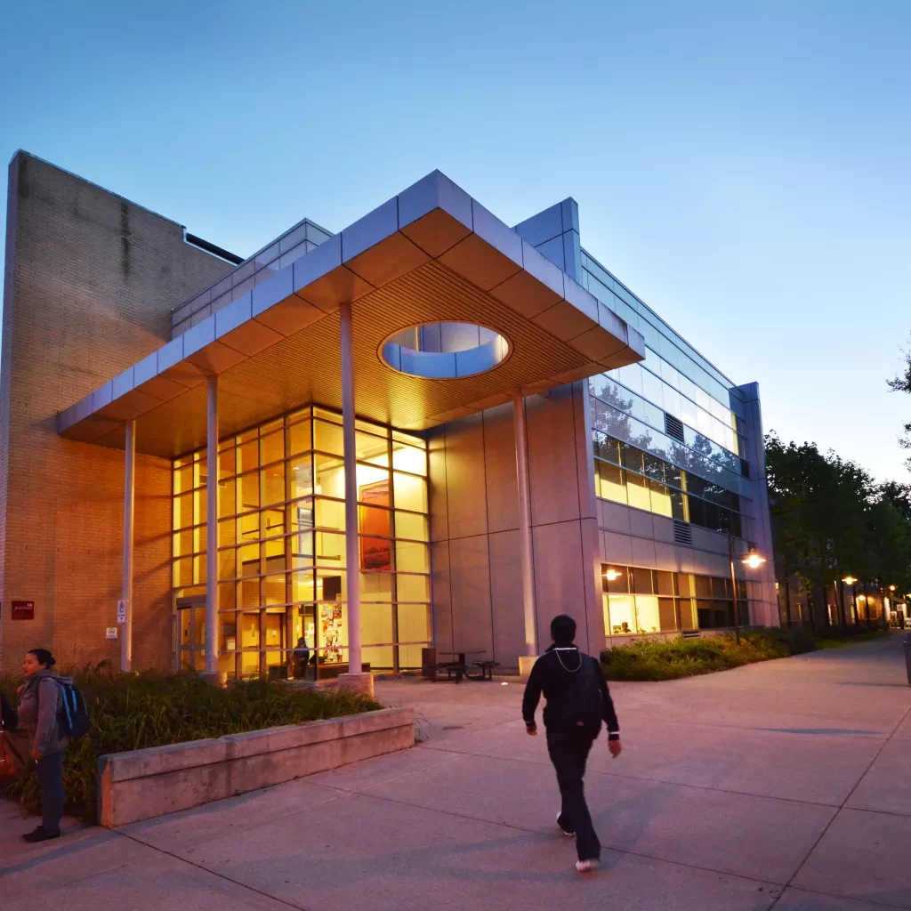 KPU Surrey campus at dusk.